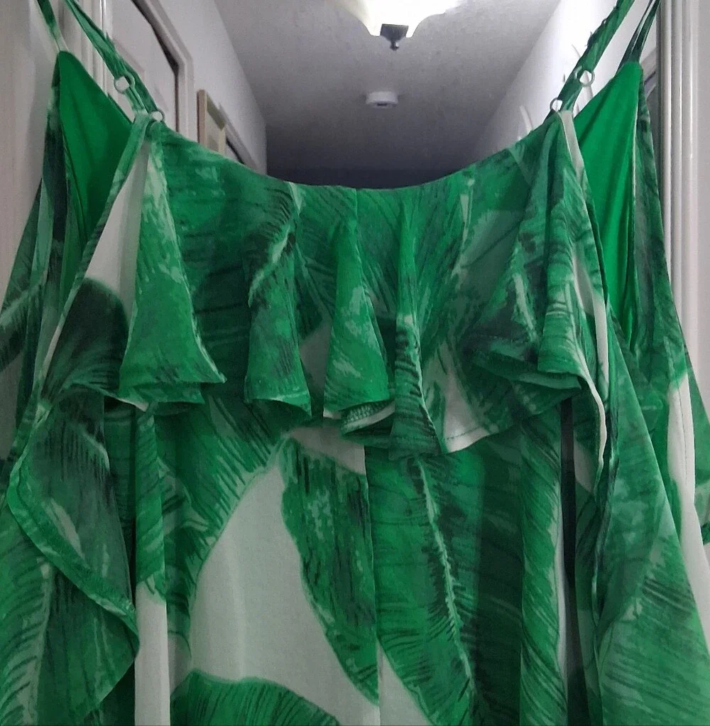 Olivacious Tropical Mini Dress With A Ruffled Cold Shoulder Hanging Sleeve